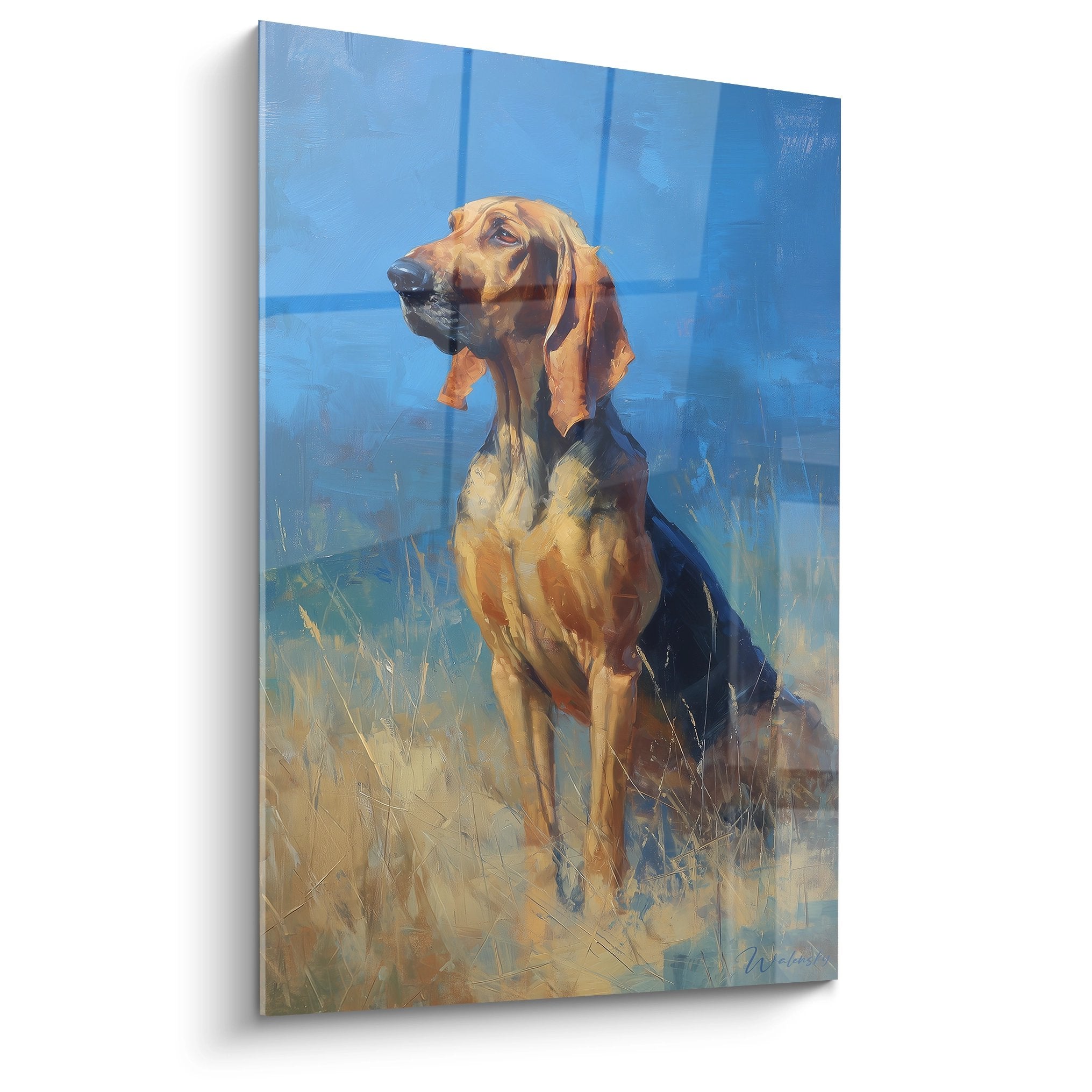 Tableau peinture Bloodhound chien de chasse profil noble regard contemplatif paysage tons dores bleus