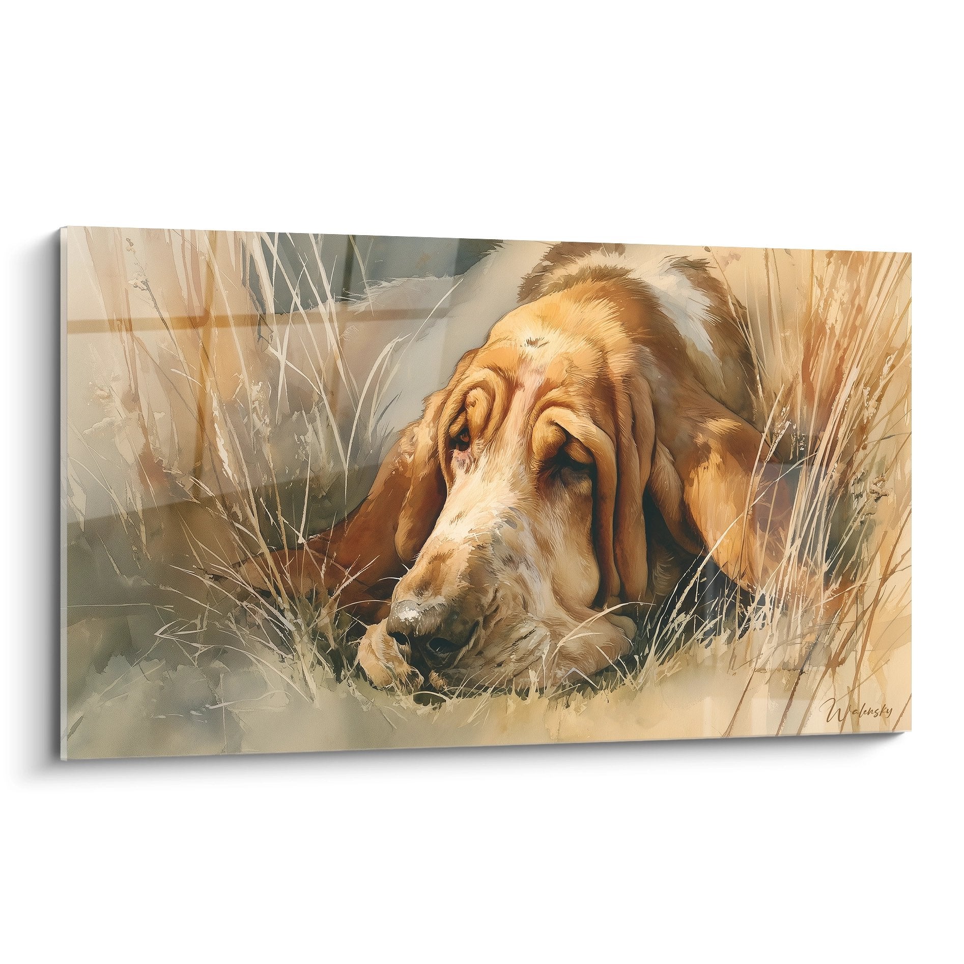 Portrait artistique Bloodhound allongé dans hautes herbes dorées, tons ocre beige, expression contemplative