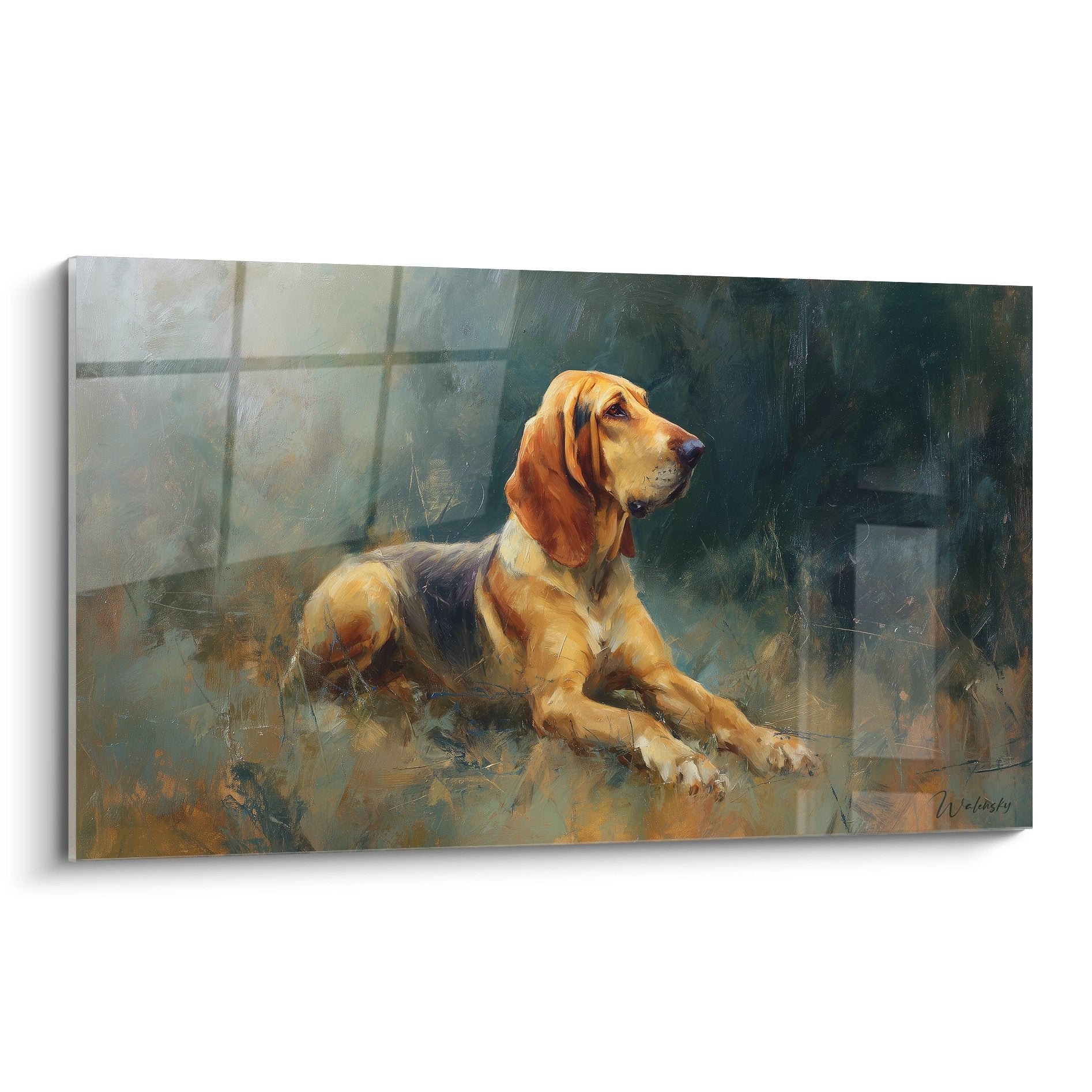 Tableau Bloodhound allongé tons ocre beiges ambiance contemplative près fenêtre art canin réaliste