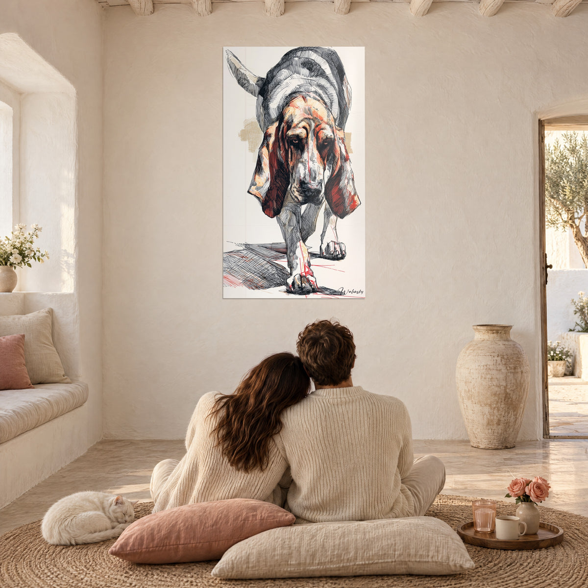 Wall art bloodhound walking head-on, orange ears, black hatching, watched by a couple seen from behind on pink cushions, calm cat