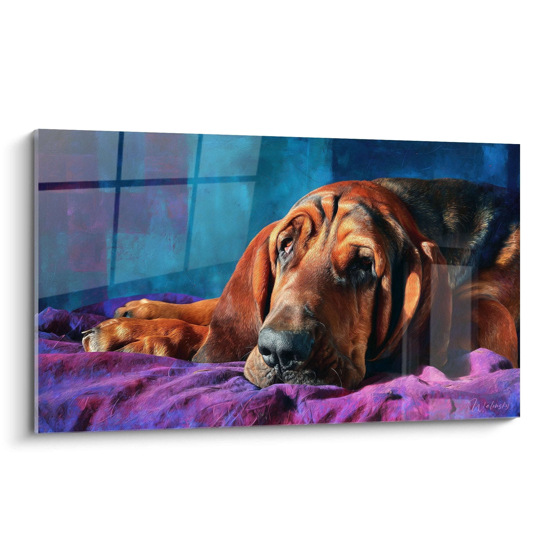 Tableau chien Bloodhound endormi couverture violette tons cuivrés ambiance paisible decoration murale