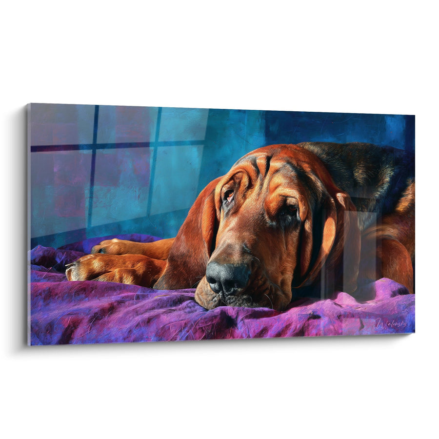 Tableau Chien Bloodhound Endormi sur Couverture Violette - Repos Paisible - Edition Bloodhound