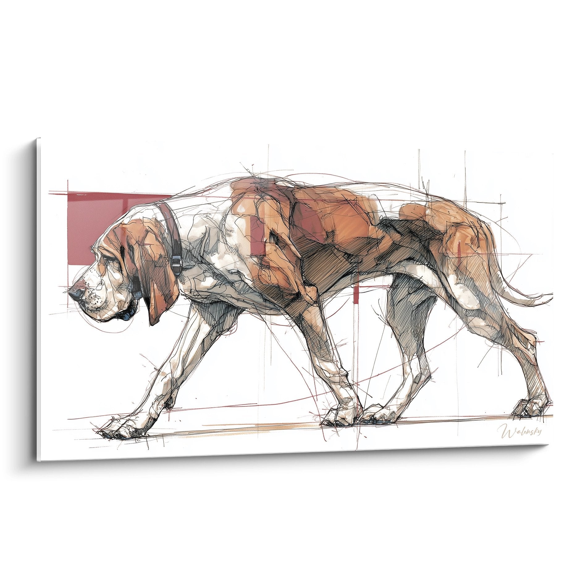 Tableau esquisse aquarelle Bloodhound en mouvement tons ocre rouille art canin moderne