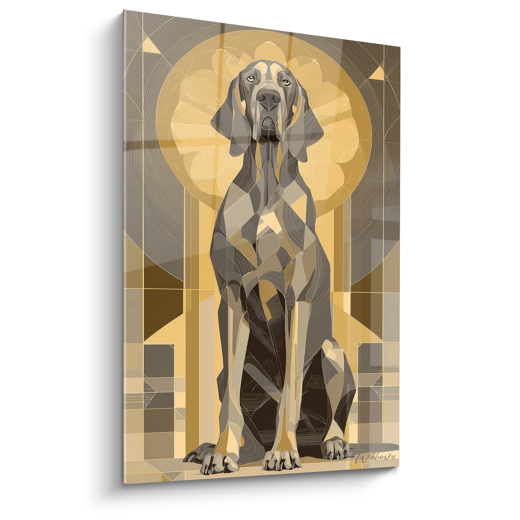 Tableau moderne Bloodhound assis style géométrique tons dorés et bruns avec halo lumineux