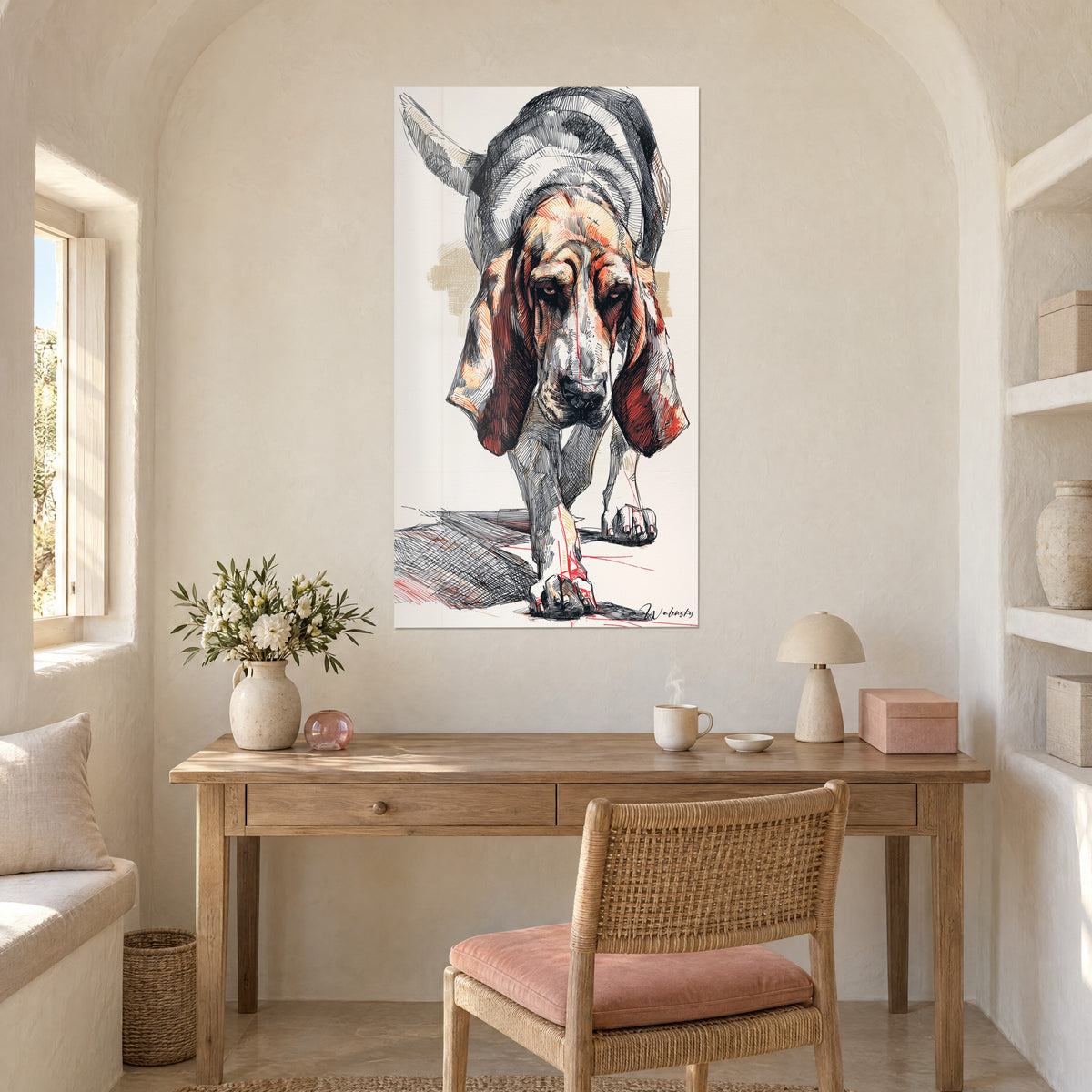 Wall art hound in hatched drawing, cream background, brick-coloured ears and grey drop shadow, above a light wood desk, pink lamp