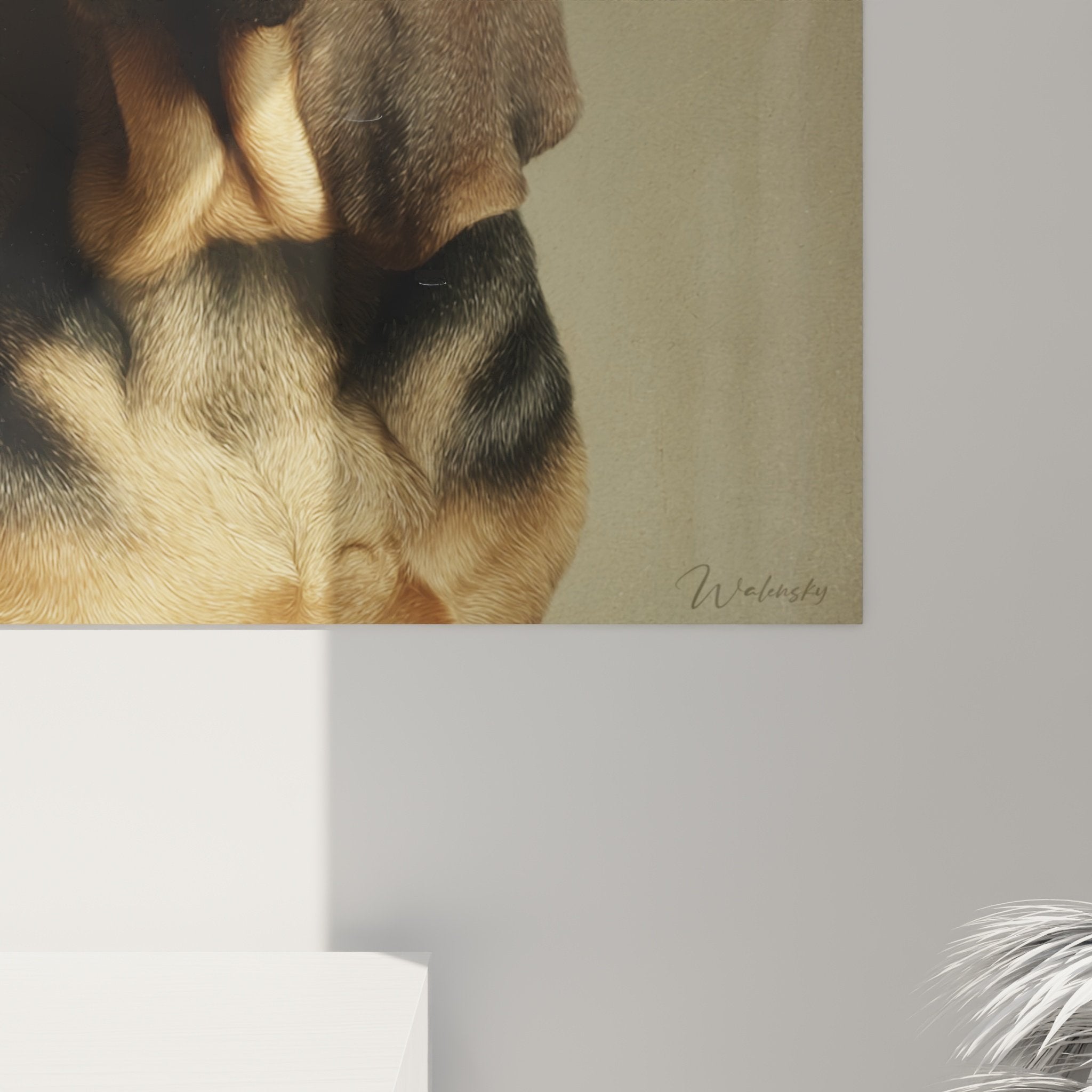 Bloodhound dog portrait wall art in situ, interior decoration contemporary animal artwork