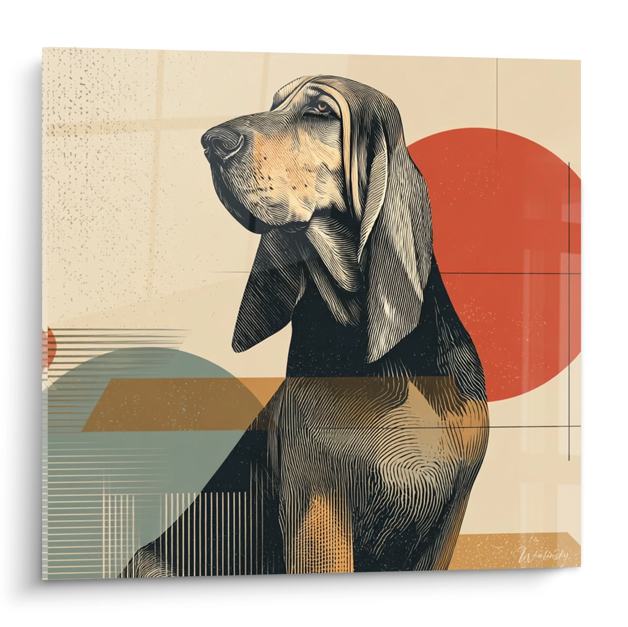 Portrait artistique de Bloodhound de profil sur fond géométrique orange et beige, style gravure moderne