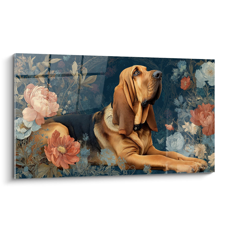 Tableau Chien Roux Majestueux sur Fond Floral Bleu - Regard Contemplatif - Edition Bloodhound