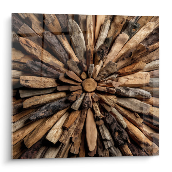 Tableau bois buches disposees rosace tons naturels ocre brun feng shui est decoration murale
