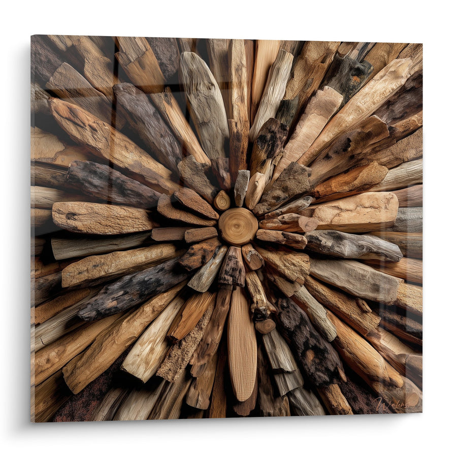 Tableau Bûches de Bois Disposées en Rosace aux Tons Naturels Ocre et Brun - Harmonie Sylvestre - Edition Feng shui Est Bois