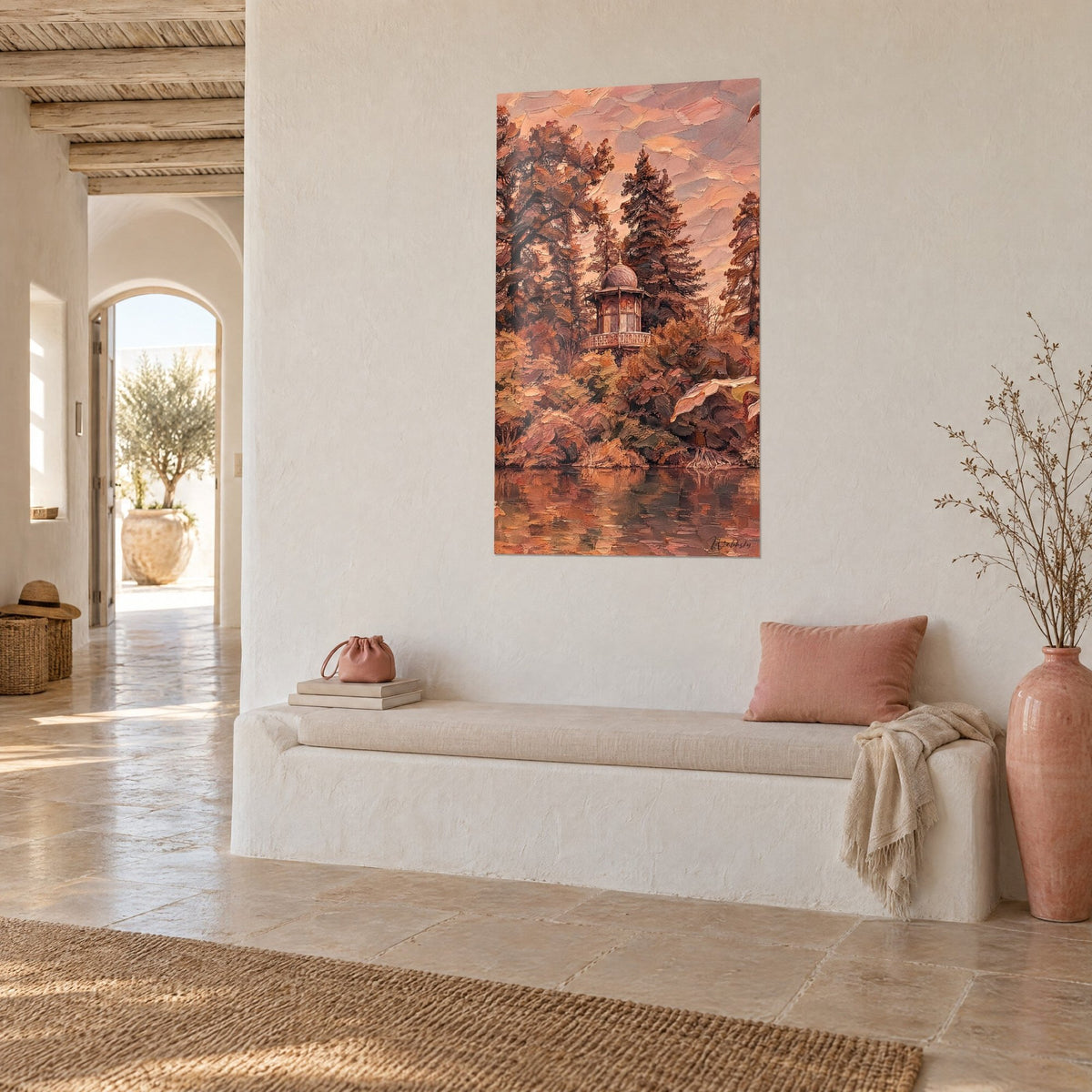 Tableau kiosque à dôme mauve au bord d'un lac, feuillage rouille et orangé, mur blanc de maison méditerranéenne