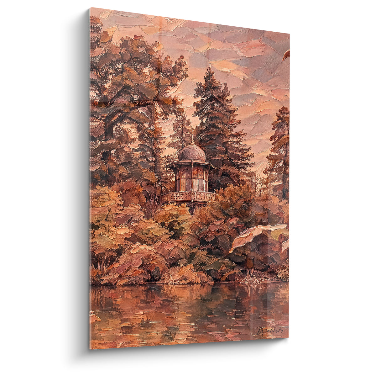 Tableau pavillon ocre et brun du Bois de Boulogne niché dans une forêt automnale dense au bord d'un lac