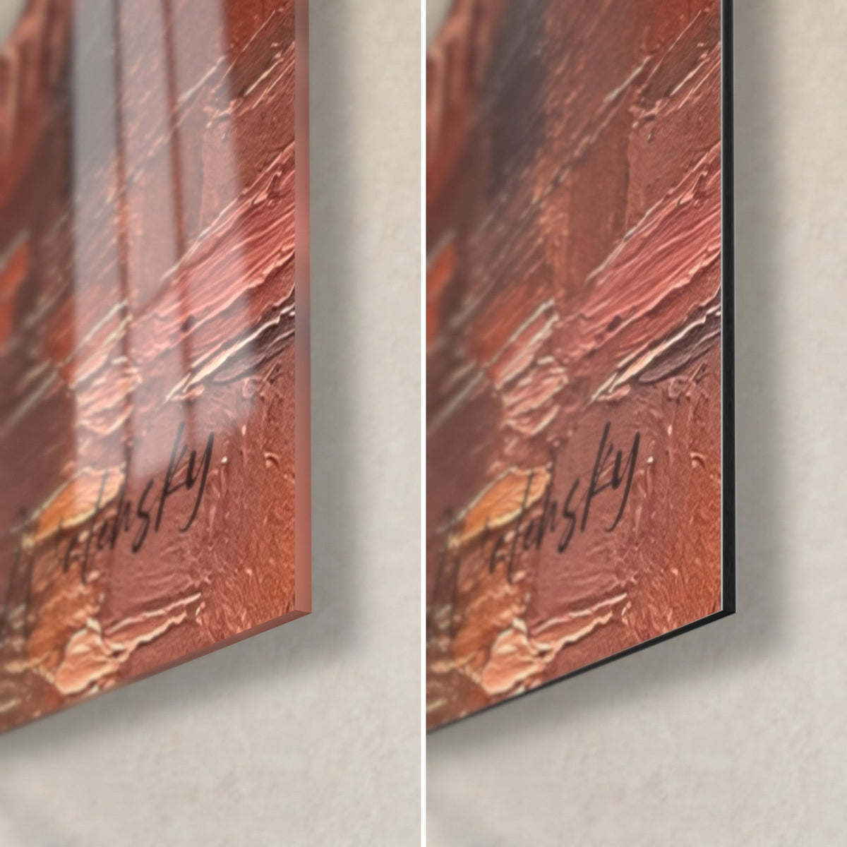 Tableau belvédère en peinture épaisse, coulures rose cuivré et brun, coin bas droit en verre brillant et Dibond mat