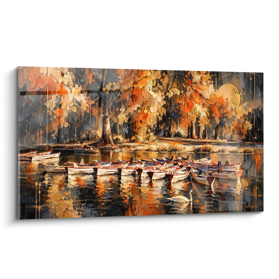 Tableau Barques amarrées sous feuillage doré et orangé - Halte automnale sur l'eau - Edition Bois de Vincennes Île-de-France