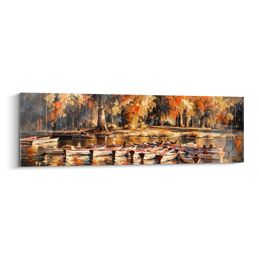 Tableau Barques blanches amarrées sous feuillages ocre - Repos sur l'eau - Edition Bois de Vincennes Île-de-France