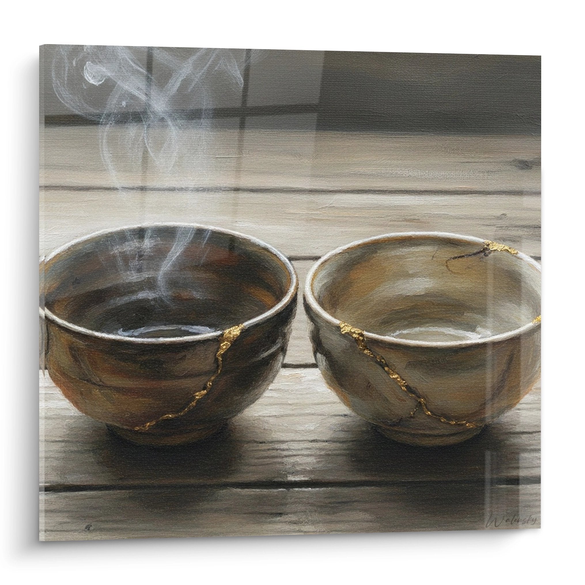 Tableau deux bols ceramique tons bruns dores sur bois ancien avec vapeur delicate style japandi zen