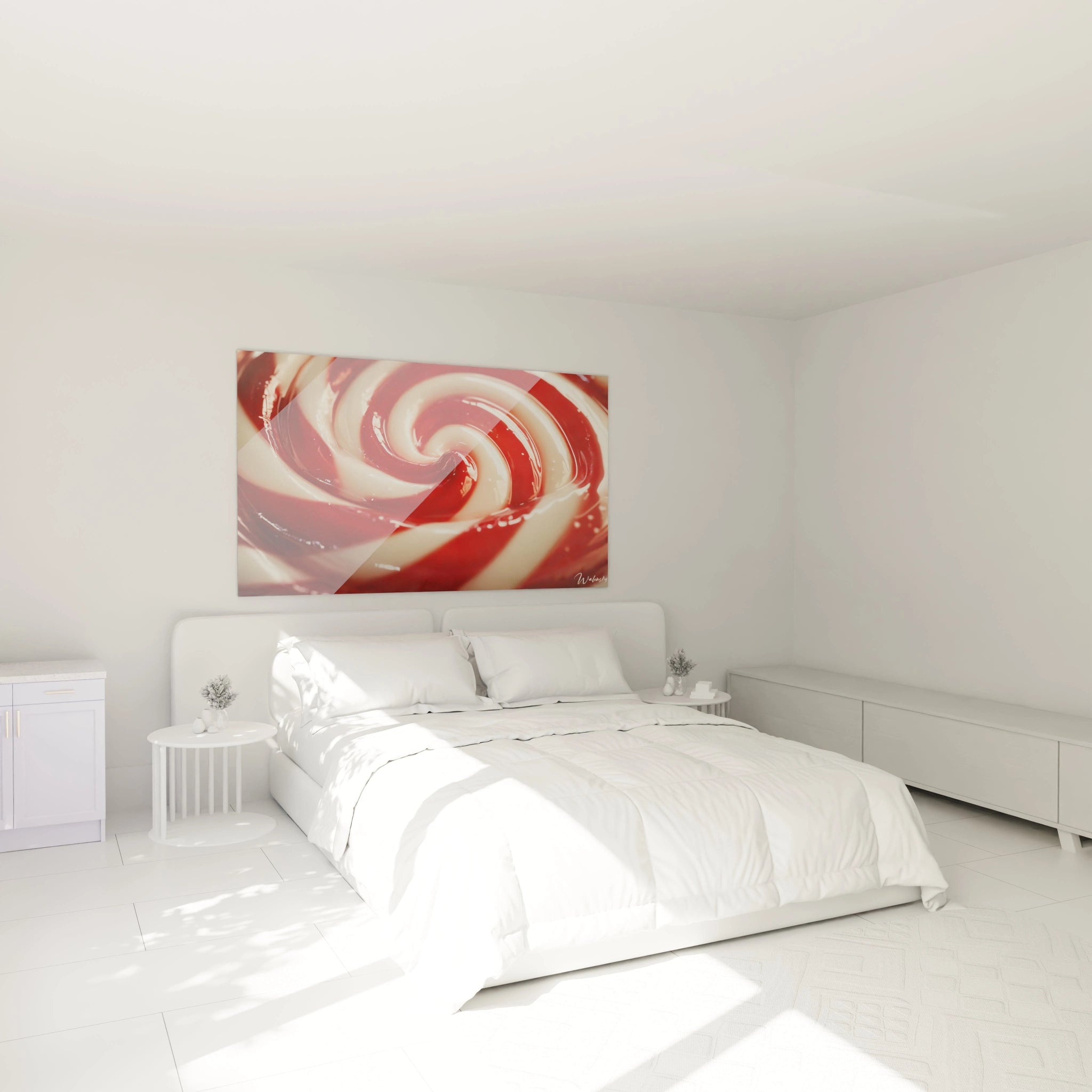 Un tableau bonbon aux formes tourbillonnantes rouges et blanches, avec une finition glossy et des effets de lumière accentuant l’effet de profondeur.

