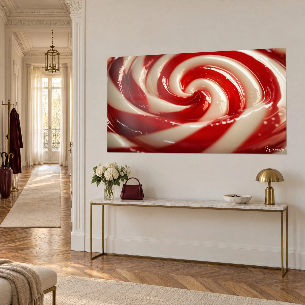 Wall art with a swirled barley-sugar stick in scarlet and ivory, glossy finish, gilded three-quarter console