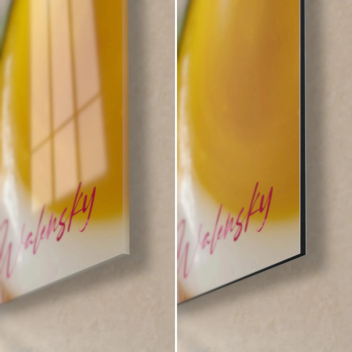 Wall art sunny yellow sugar stick, bottom right corner in glossy glass and matte Dibond, pink signature, 3 mm edge