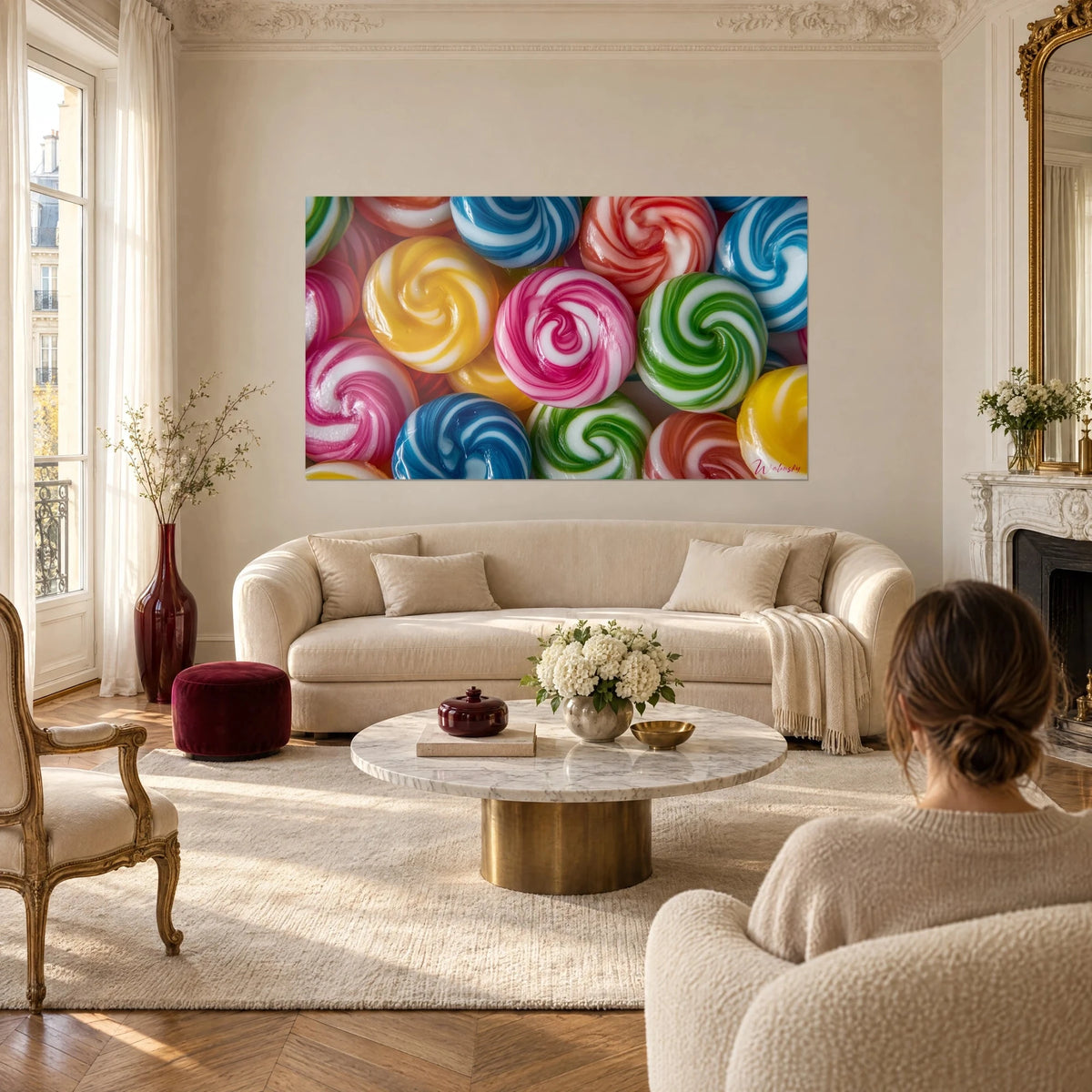 Wall art fuchsia pink, yellow and green spiral lollipops, couple seen from behind, above a sofa in a bright living room