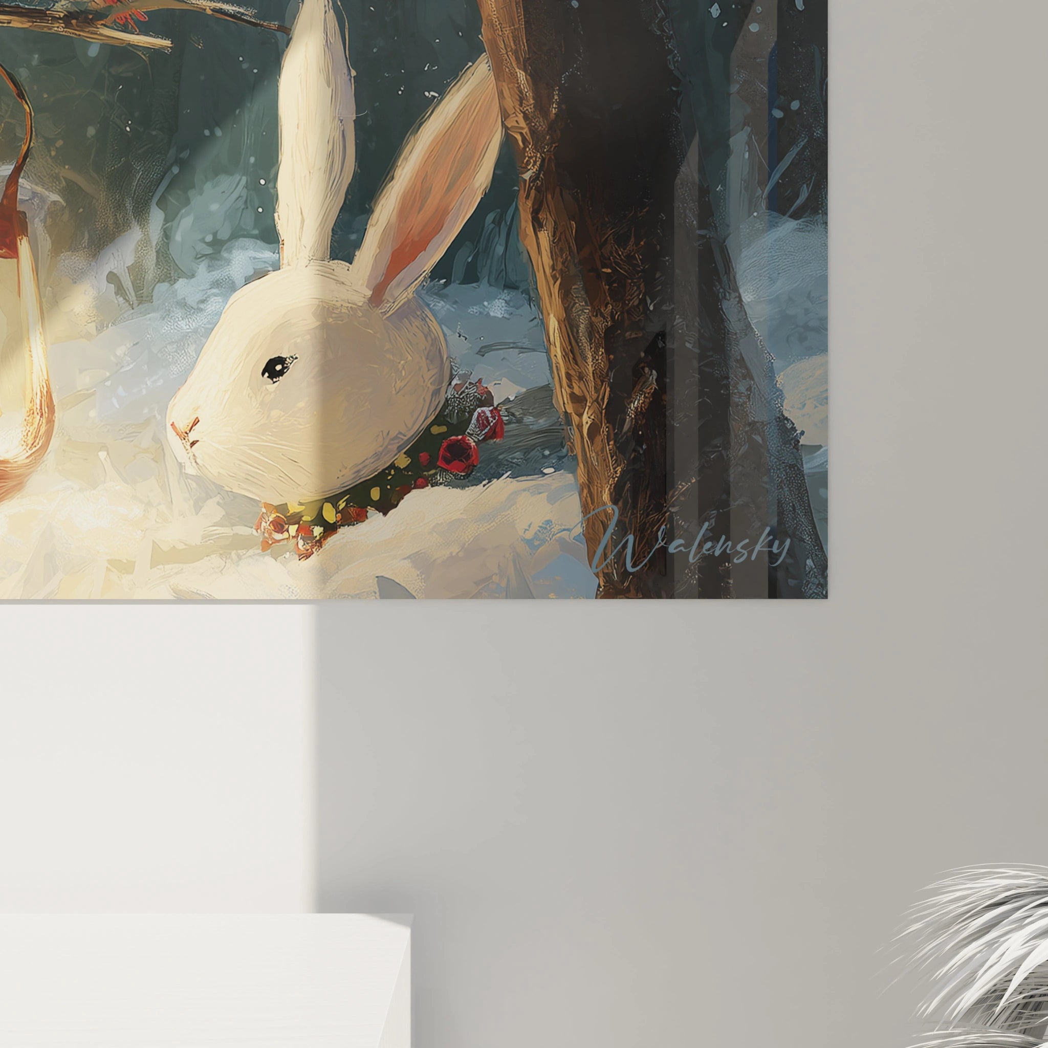 Tableau murale bonhomme de neige Noël avec un lapin et une atmosphère festive dans une forêt enneigée