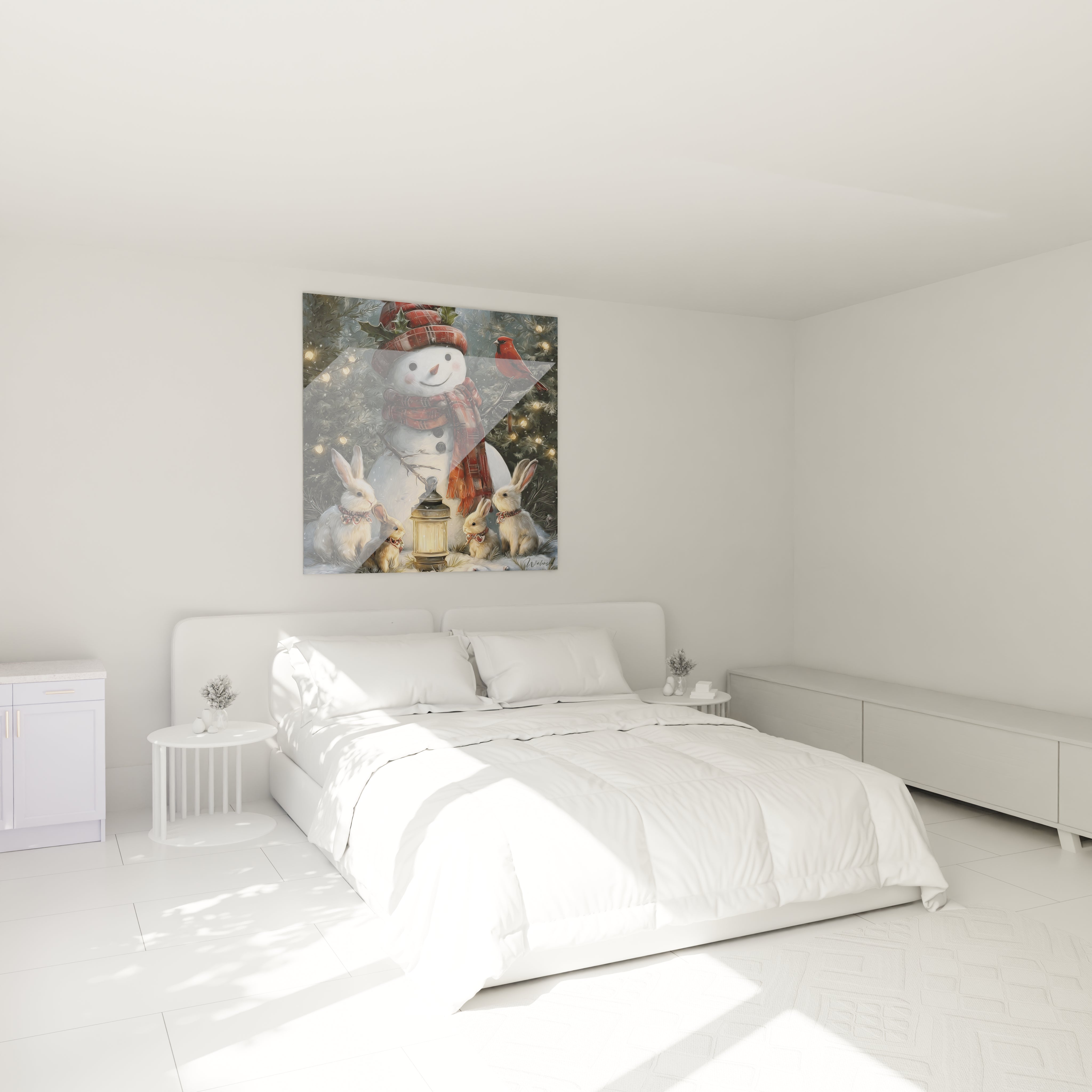 Tableau bonhomme de neige Noël décorant une chambre lumineuse avec une ambiance festive