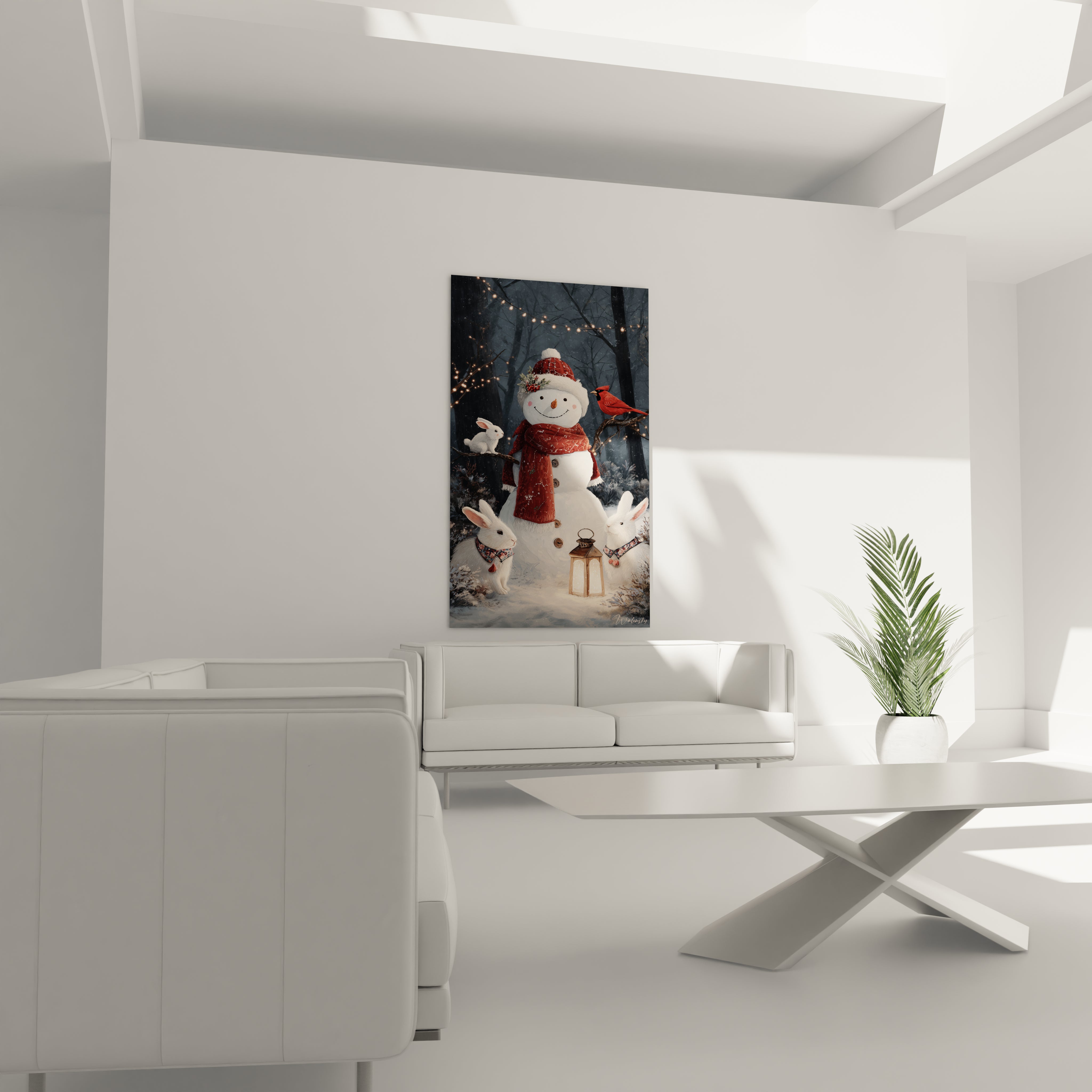 Tableau bonhomme de neige Noël sur un mur moderne avec une atmosphère festive
