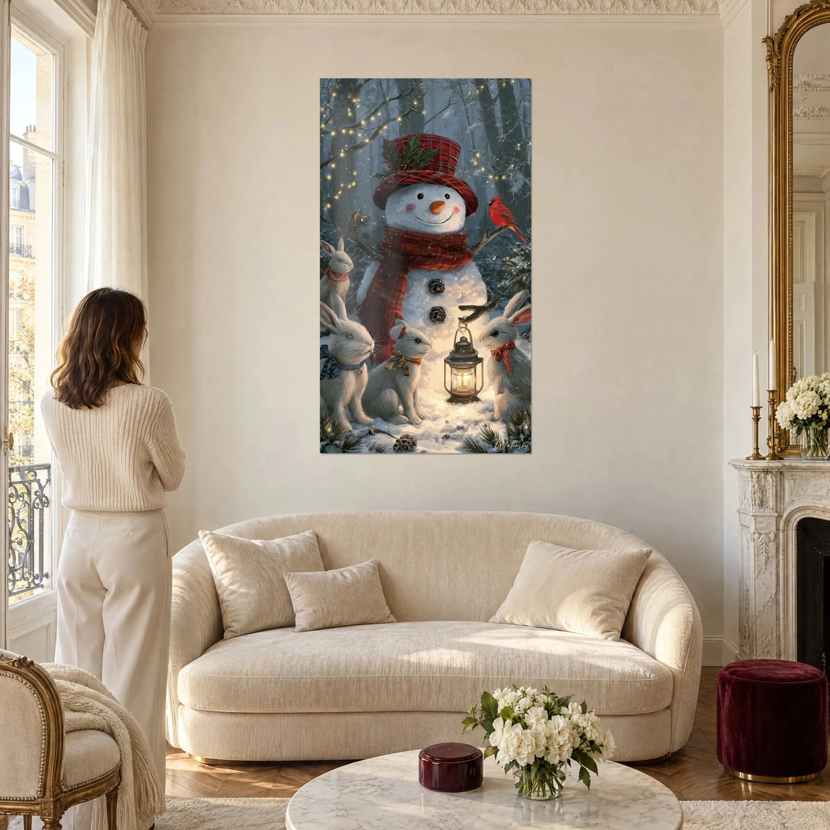 Gemälde Schneemann mit rotem schottischem Hut, graue Hasen und goldene Laterne, über einem Sofa in einem hellen Wohnzimmer
