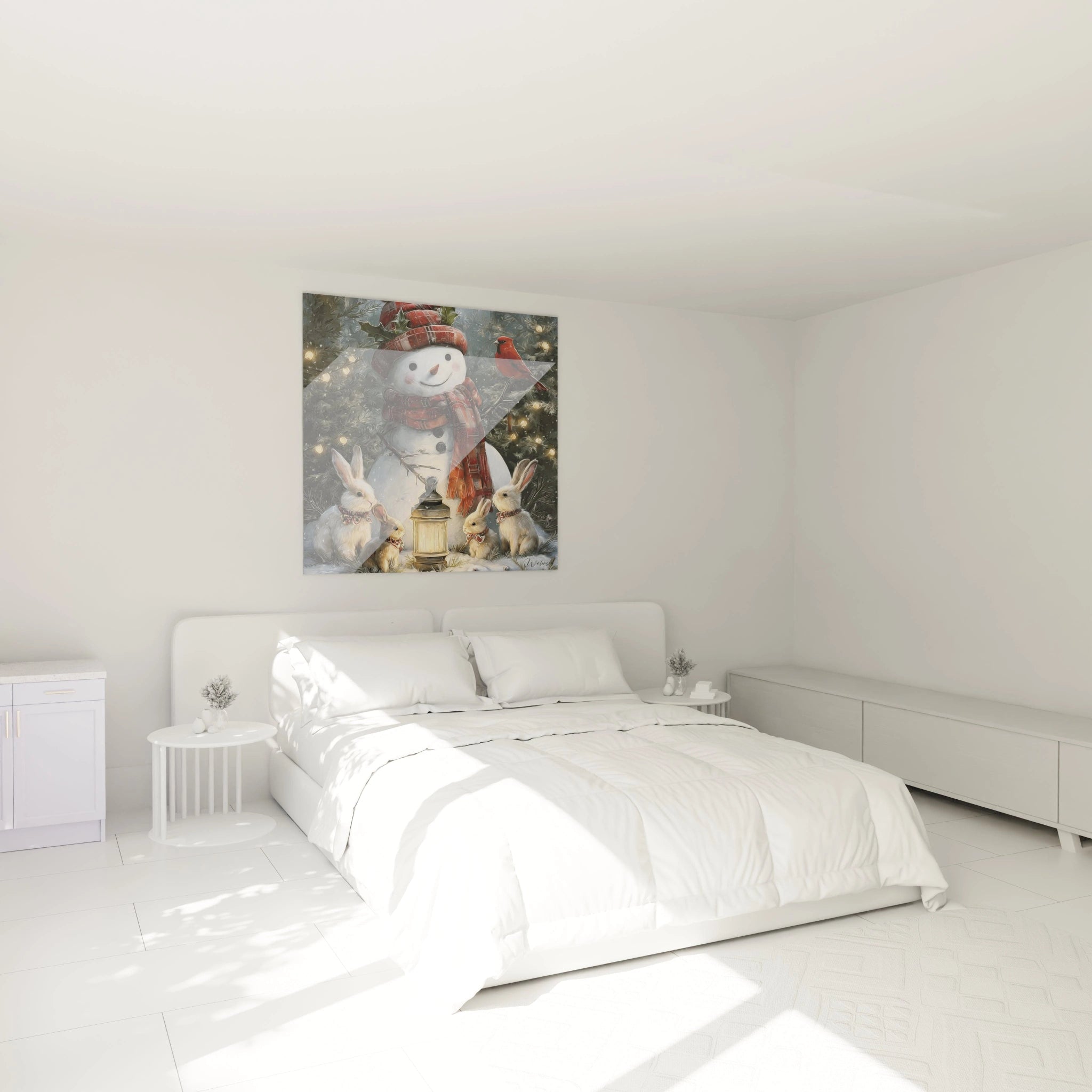 Tableau bonhomme de neige Noël décorant une chambre lumineuse avec une ambiance festive