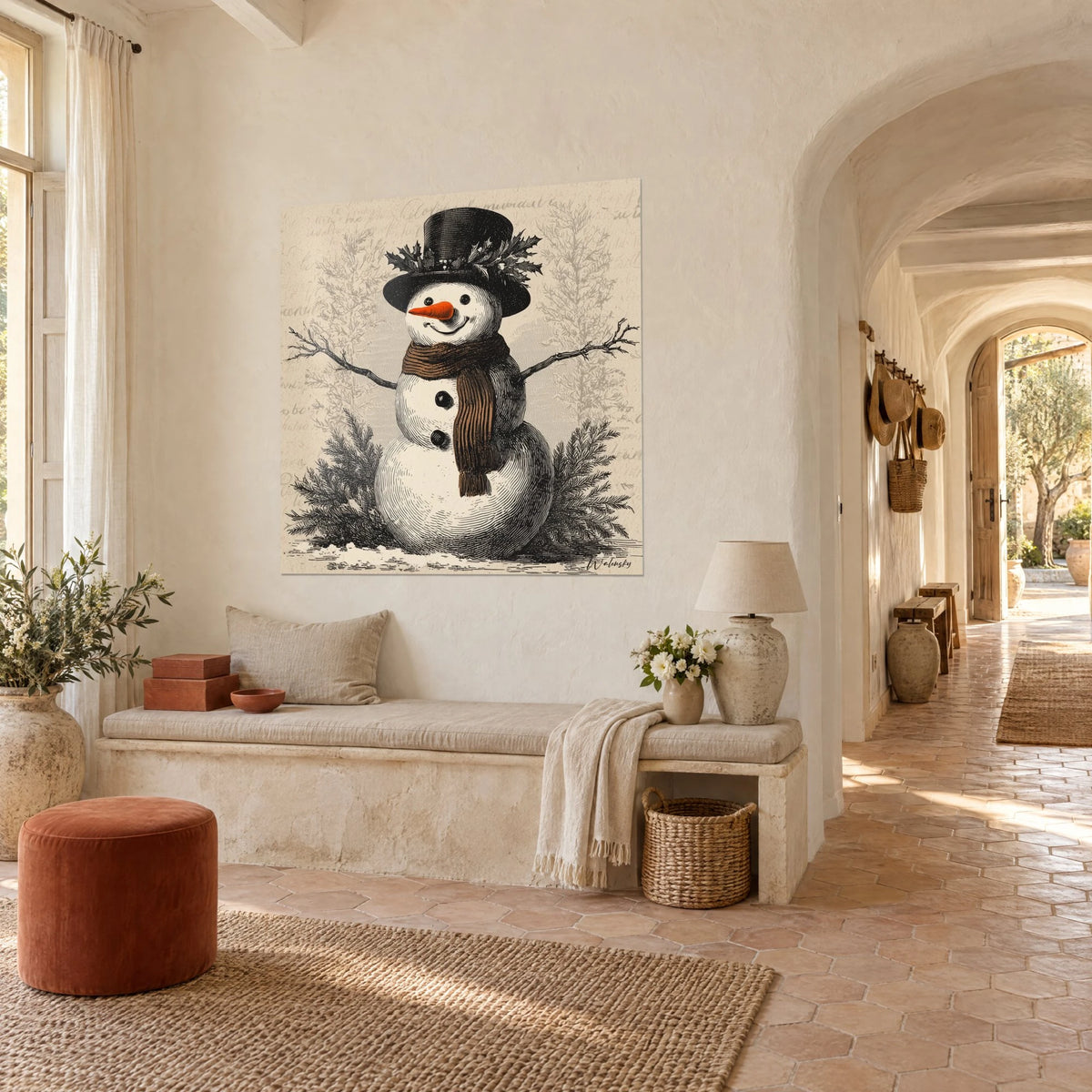 Wall art Christmas engraving of a snowman, holly on the black hat, grey fir branches, cream wall and stone arch