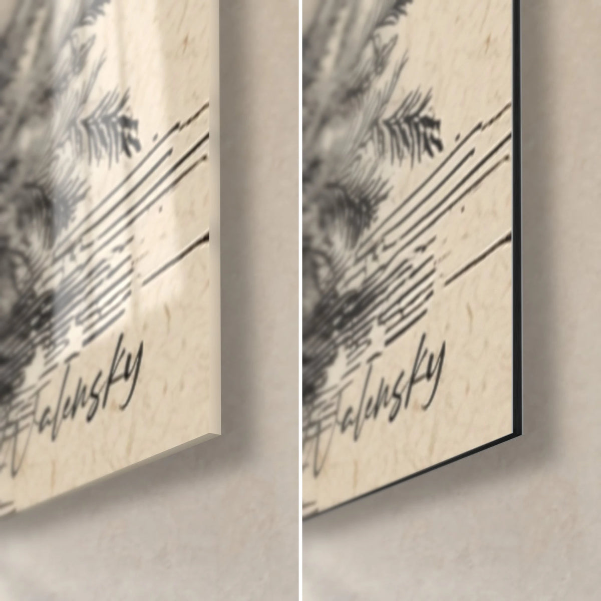 Wall art snowman, bottom right corner: Walensky signature on cream background, glossy acrylic glass on the left, matte black Dibond on the right