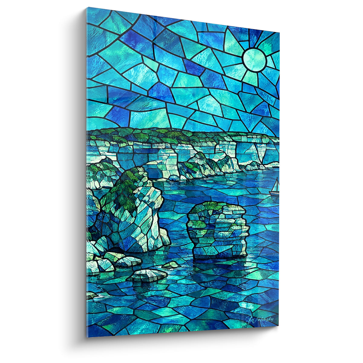 Falaises rocheuses turquoise et émeraude en vitrail géométrique sous un soleil blanc crème éclatant