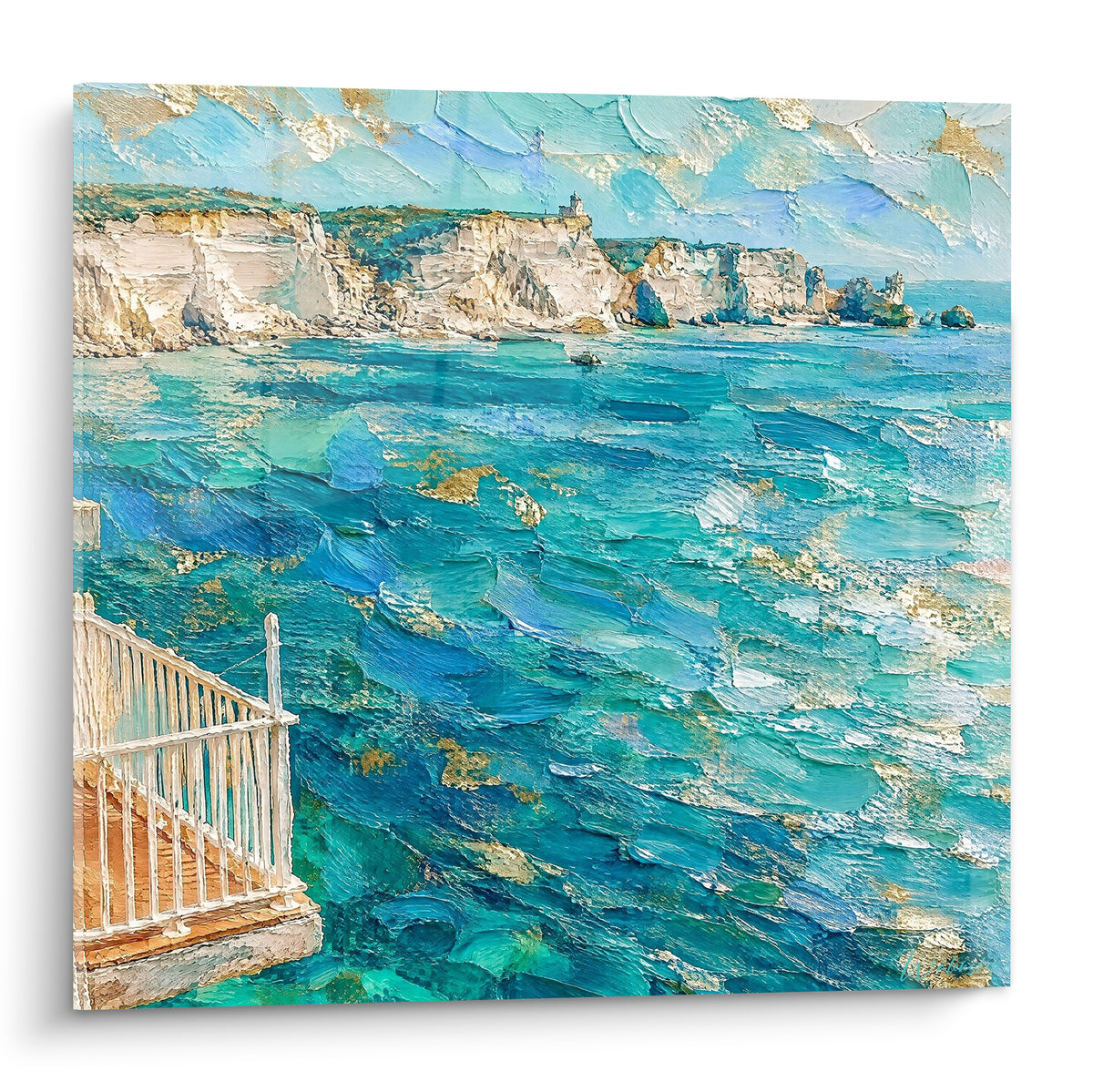 Quadro scogliere bianche e mare turchese dorato dipinti a spatola, balcone bianco in primo piano