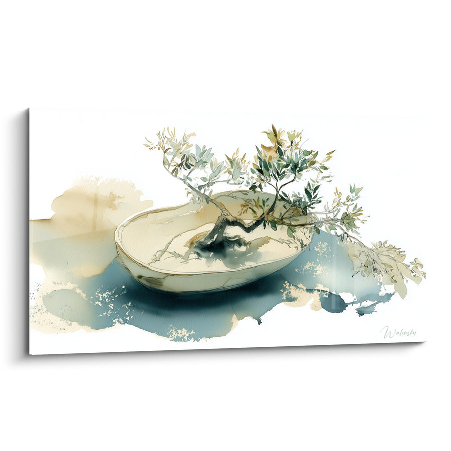 Cuadro de Bonsái Acuarela en Tonos Azules y Beiges en Maceta de Cerámica - Serenidad Vegetal - Edición Ikebana