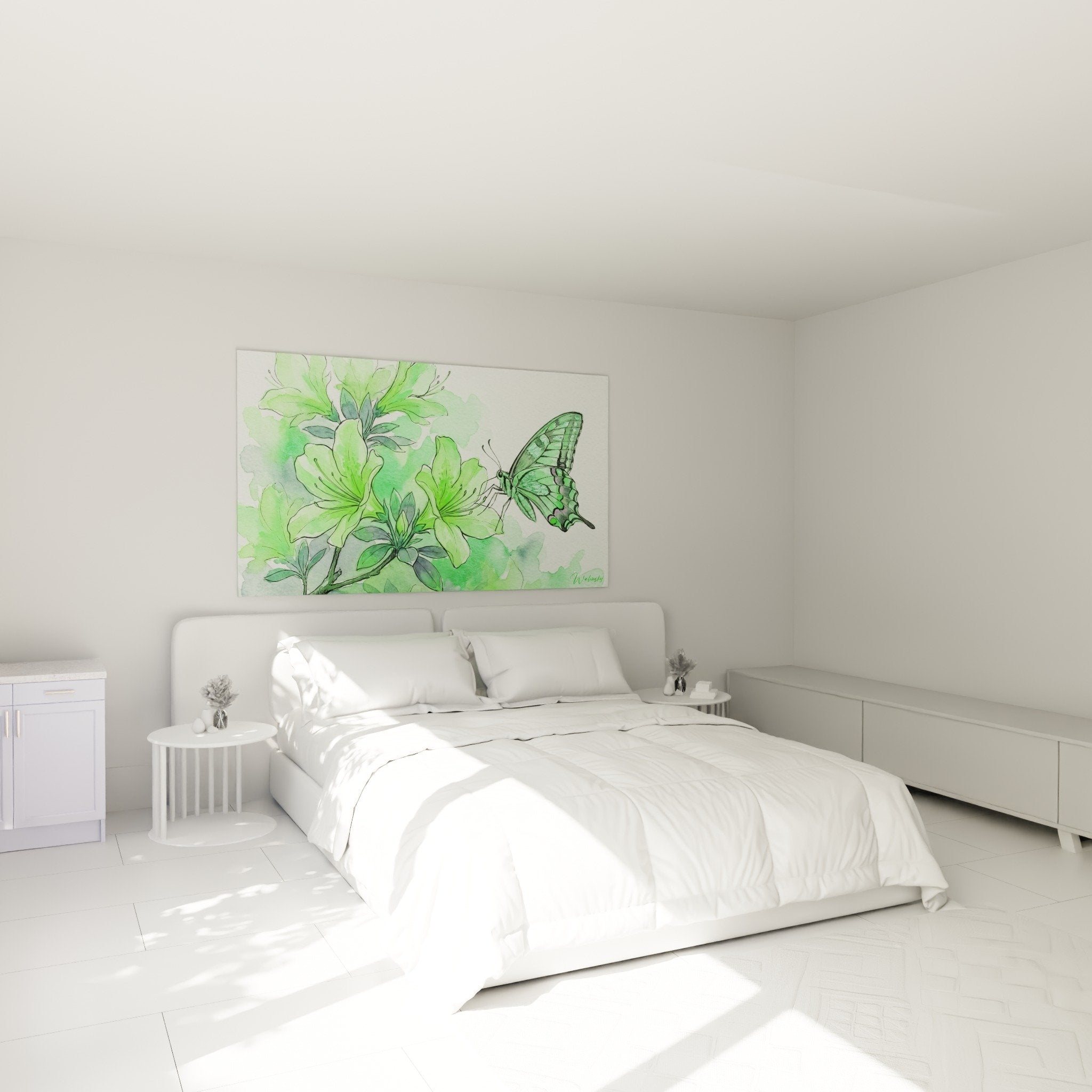 Tableau bonsaï aquarelle verte dans chambre moderne, décoration zen et apaisante murale