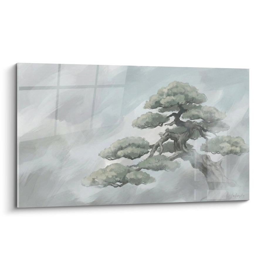 Tableau Bonsaï Aquarelle Gris Vert sur Fond Brumeux - Sérénité Vaporeuse - Edition Bonsaï