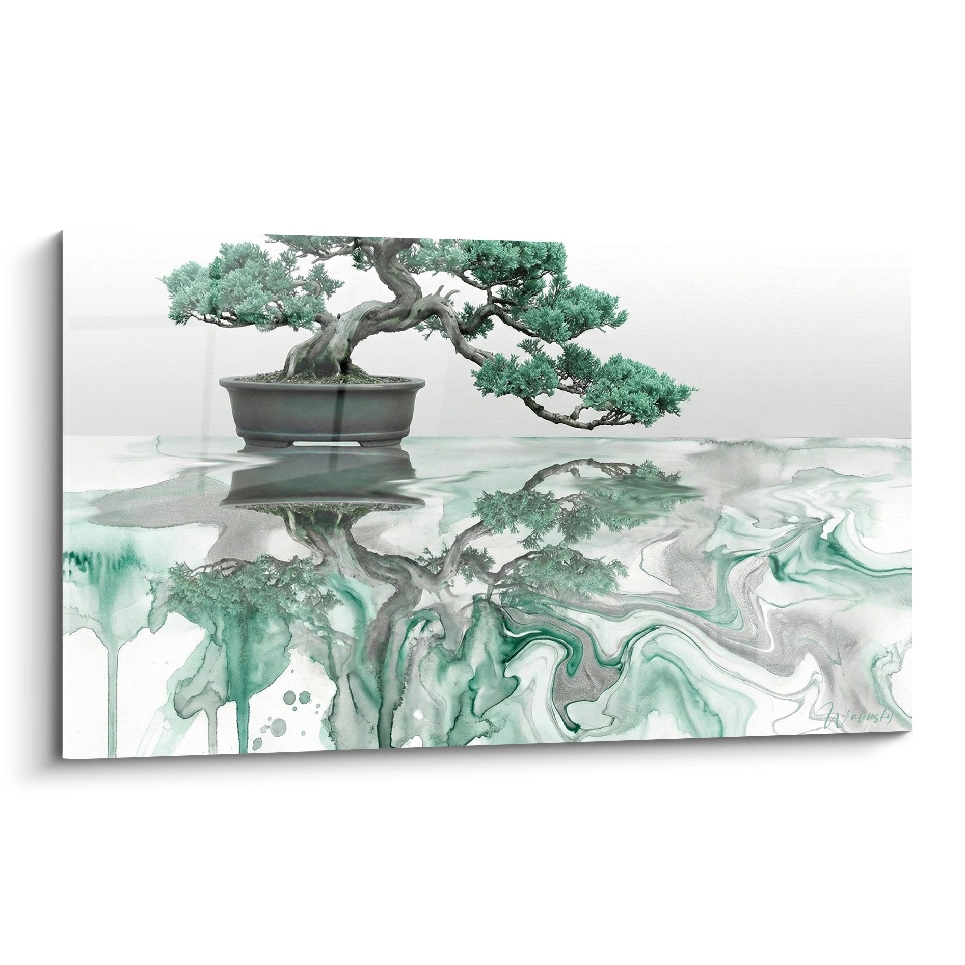Tableau bonsai aquarelle verte avec reflet abstrait coulures emeraude sur fond blanc art zen moderne