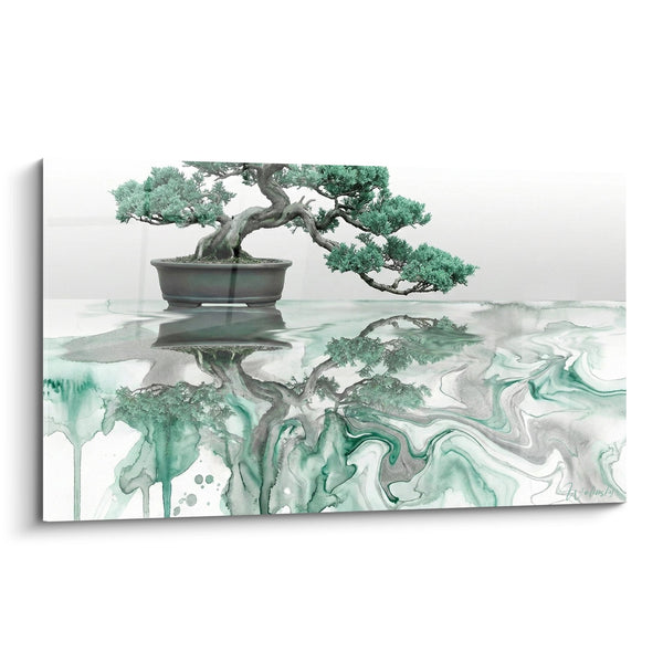 Cuadro Bonsái y Reflejo Acuarela Verde - Serenidad Zen - Edición Bonsái