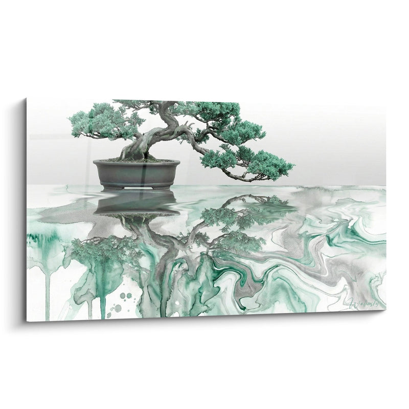 Tableau Bonsaï et Reflet Aquarelle Verte - Sérénité Zen - Edition Bonsaï