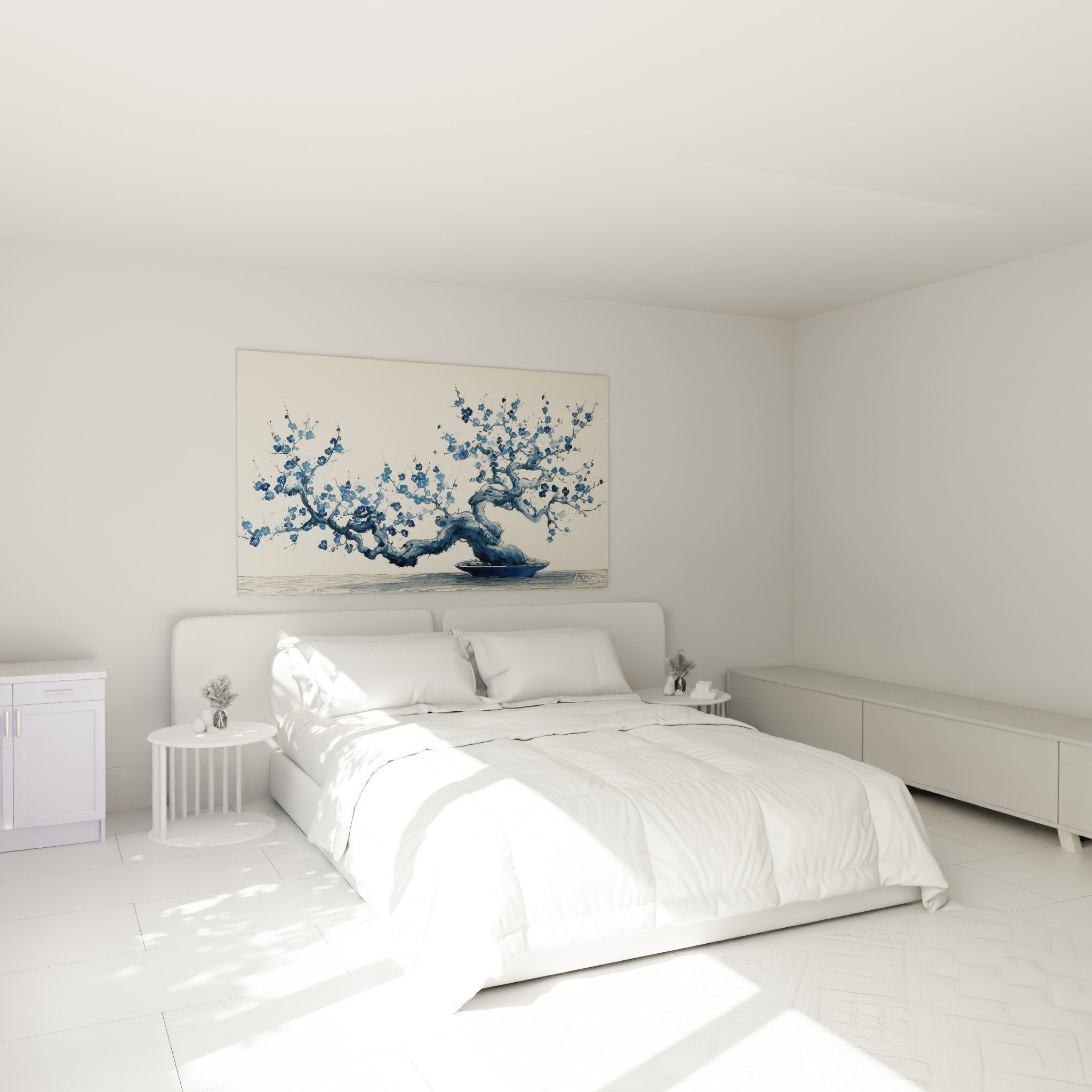 Blue bonsai wall art in modern bedroom zen wall decoration Japanese ikebana style
