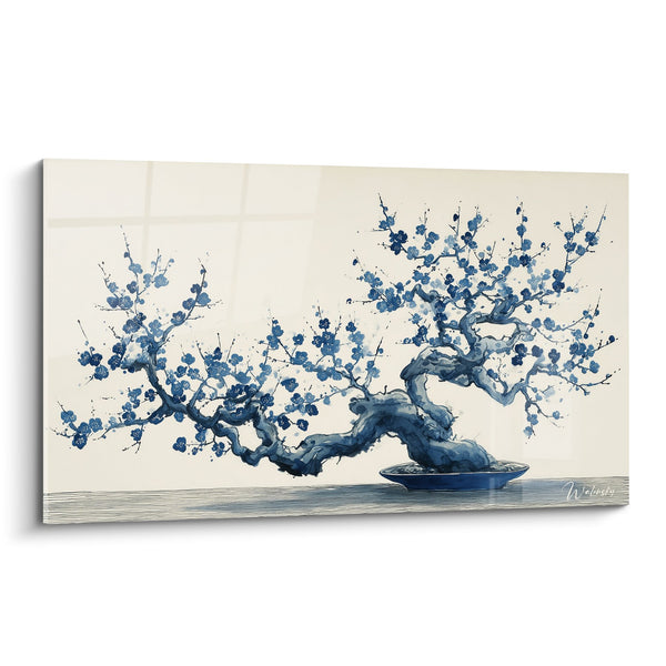 Obraz Bonsai w Błękitnych Kwiatach na Beżowym Tle - Japońska Spokój - Edycja Ikebana