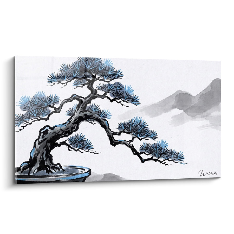 Tableau Bonsaï Incliné aux Aiguilles Bleu Azur sur Fond Montagneux - Sérénité Zen - Edition Bonsaï