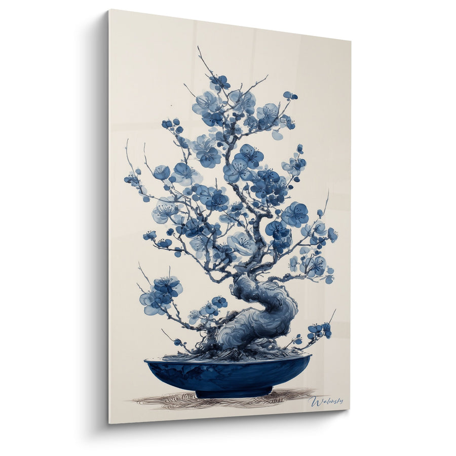 Tableau Bonsaï Bleu Porcelaine en Nuances d'Indigo - Sérénité Japonaise - Edition Ikebana