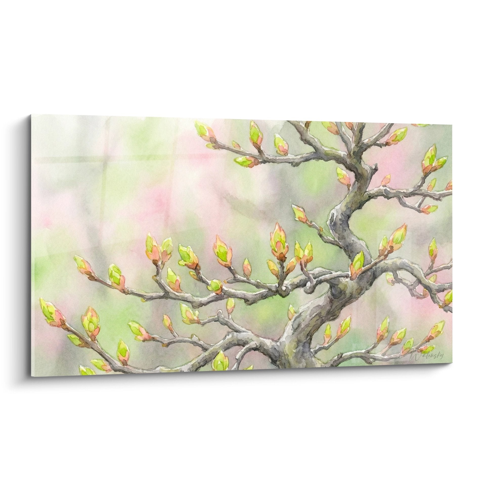 Tableau aquarelle branches bonsai bourgeons verts roses fond pastel art zen nature