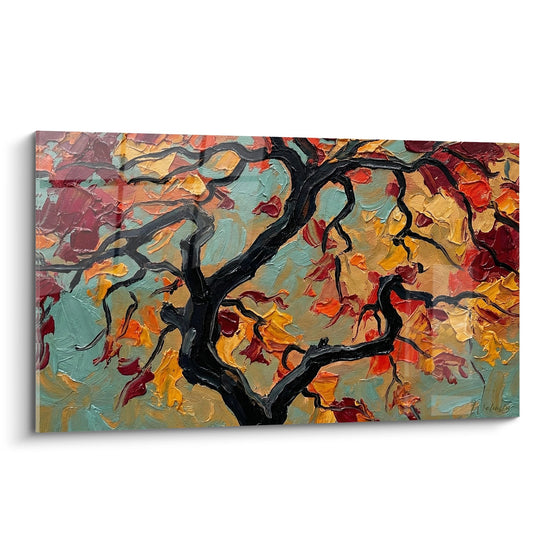 Schilderij Zwarte Takken op Rood en Goud Herfstgebladerte - Herfstpracht - Bonsai Editie
