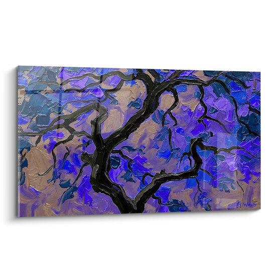 Schilderij Bonsai Zwarte Takken op Paarse en Blauwe Achtergrond - Nachtsymfonie - Bonsai Editie
