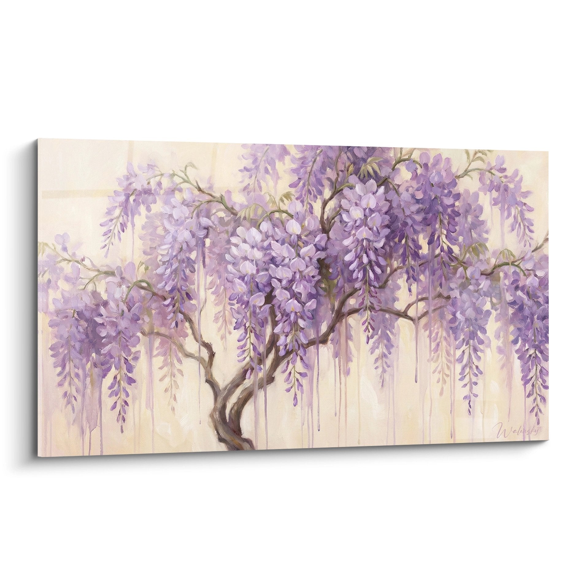 Tableau décoratif bonsaï branches violettes retombantes fond crème style zen aquarelle