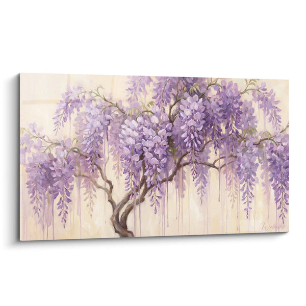 Cuadro Árbol Miniatura Ramas Pendientes Violetas sobre Fondo Crema - Serenidad Zen - Edición Bonsái