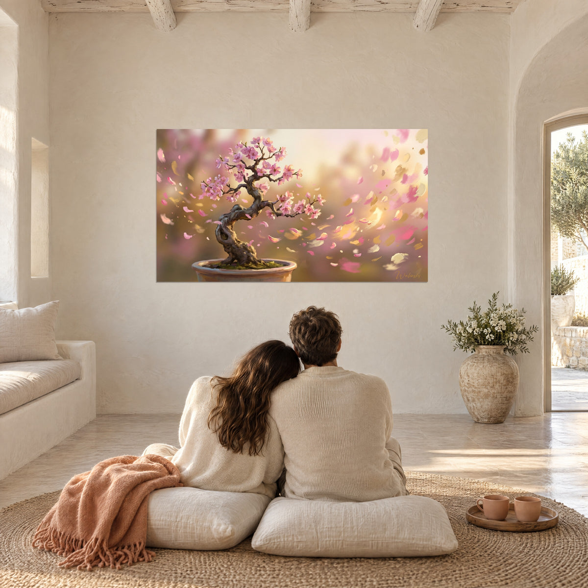 Quadro fiori di ciliegio rosa tenue e riflessi oro miele nell'aria, una coppia abbracciata su cuscini di lino