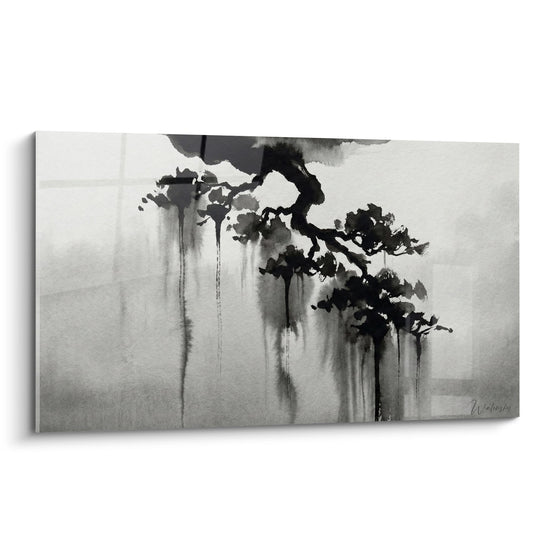 Zwart Inkt Schilderij op Grijze Achtergrond met Expressieve Druppels - Zen Melancholie - Bonsai Editie